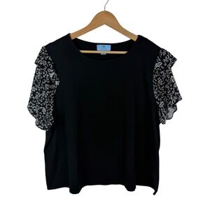 CeCe Black Floral Ruffle Sleeve Top Size 2X Neutral Chic Stretch Dainty Comfy